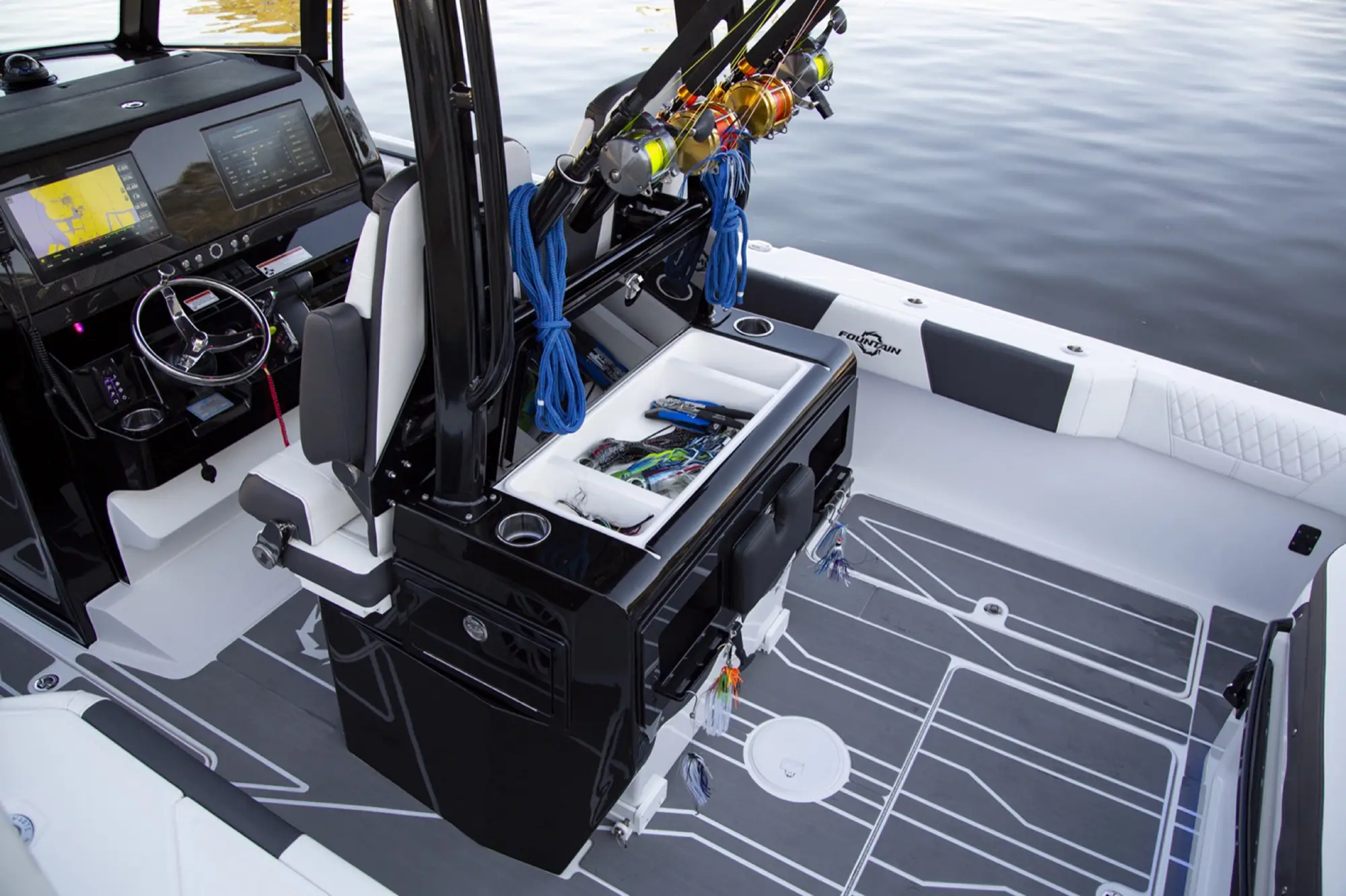 Fishing gear storage on a Fountain center console