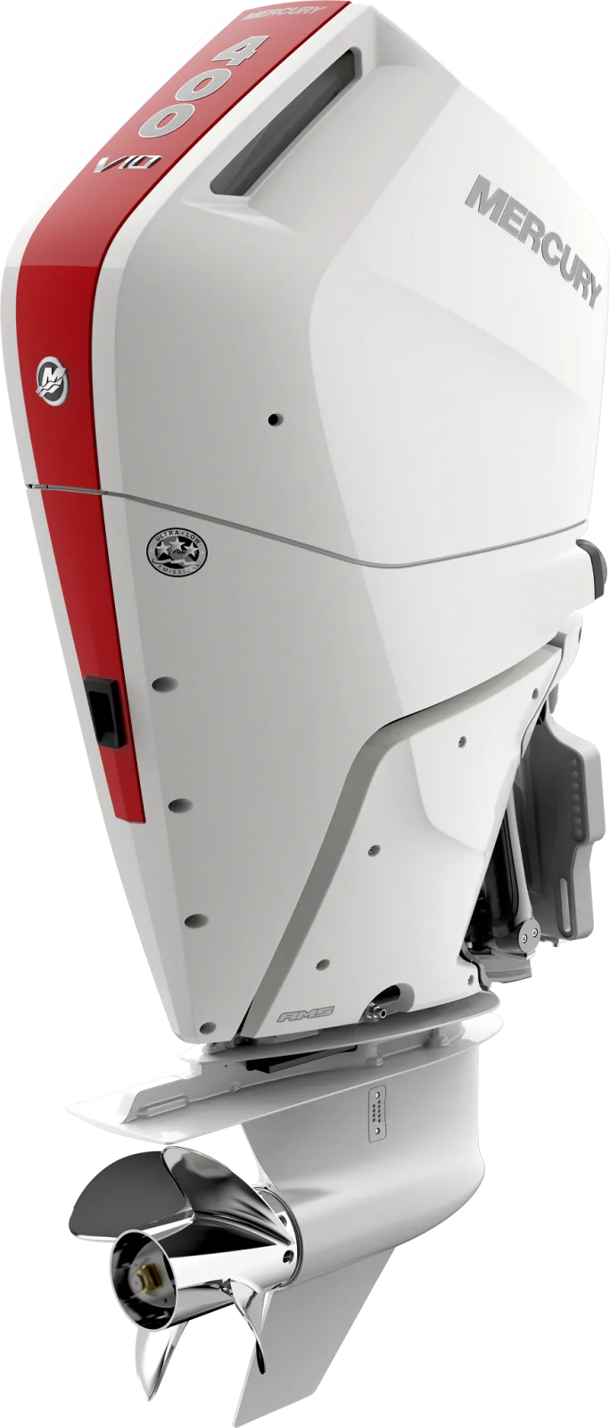 Mercury V10 Verado 400 outboard in white with a red stripe